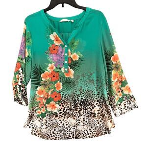 Soft Surroundings Tunic Top Women M Green Floral Sheer Blouse Resort Tropical